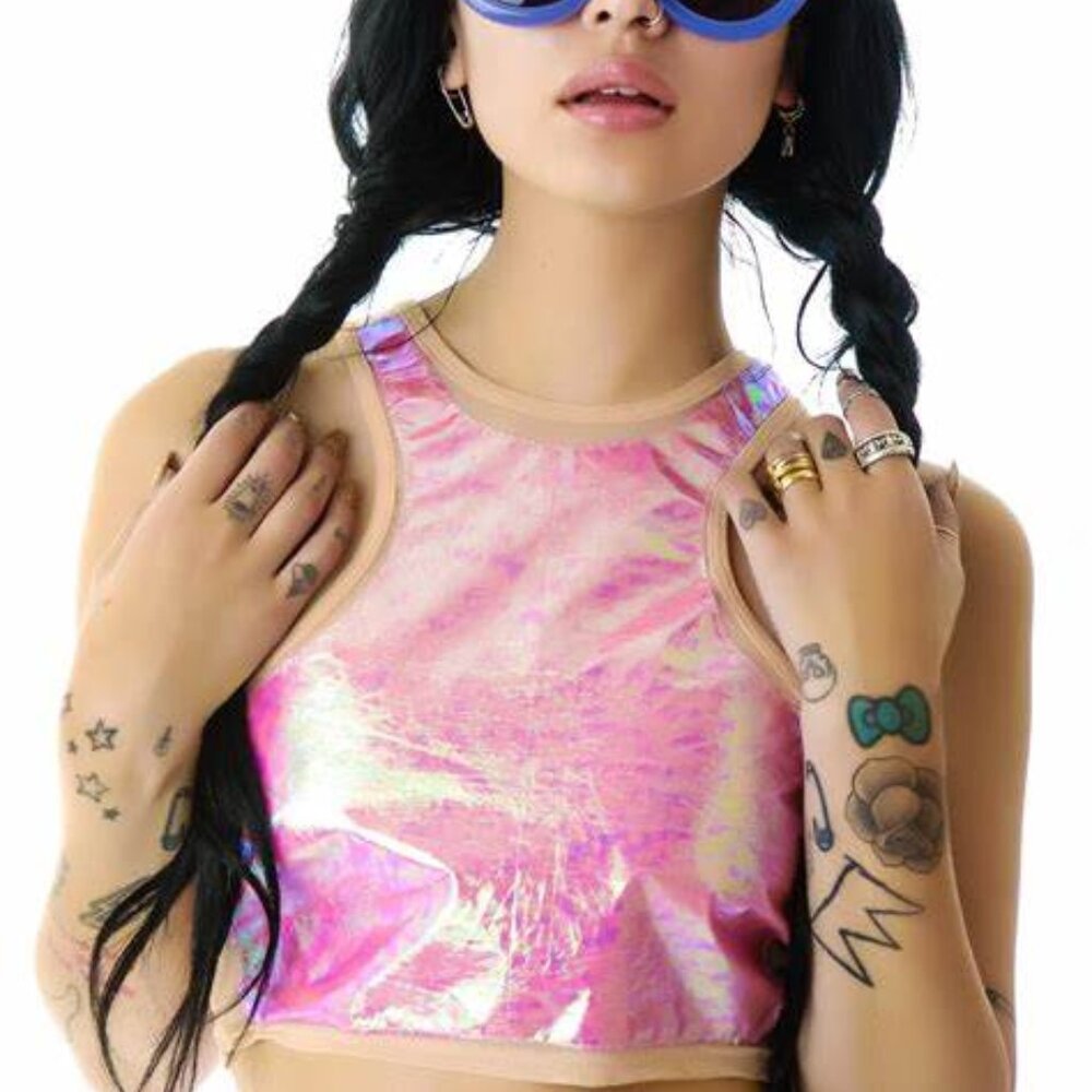 UNIF pink PLUR festival metallic crop tank top
